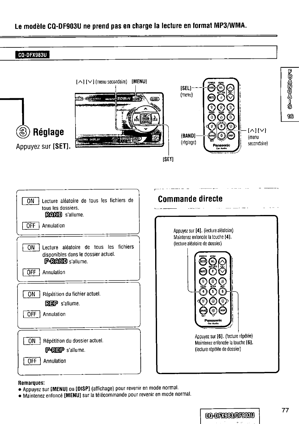 Réglage, Commande directe | Panasonic Removable Full Front CD Player/Receiver with Dot Matrix and CD Changer Control CQ-DFX983U User Manual | Page 77 / 156