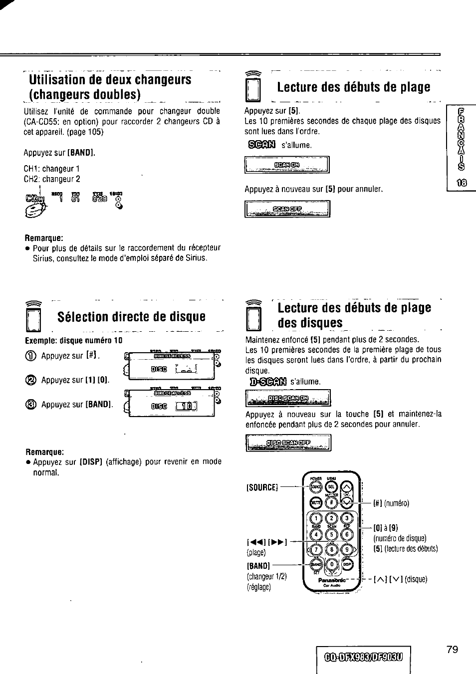 Utilisation de deux changeurs (changeurs doubles), Lecture des débuts de plage, Remarque | N sélection directe de disque, Exemple: disque numéro 10, R lecture des débuts de plage, Lj des disques, Dbx9837dr9q3u, Rlecture des débuts de plage, Des disques | Panasonic Removable Full Front CD Player/Receiver with Dot Matrix and CD Changer Control CQ-DFX983U User Manual | Page 79 / 156