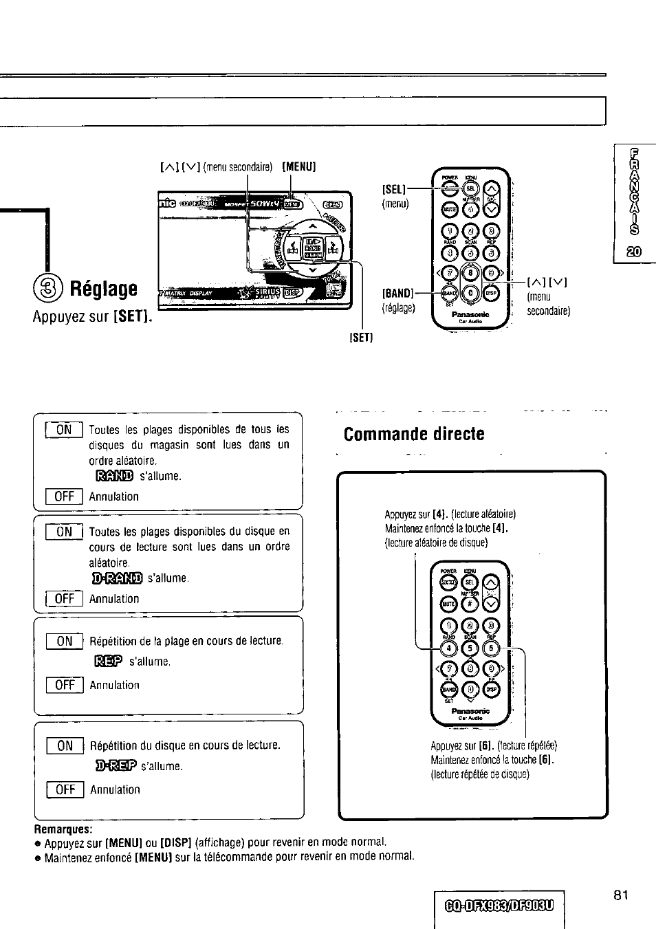 Réglage, Commande directe | Panasonic Removable Full Front CD Player/Receiver with Dot Matrix and CD Changer Control CQ-DFX983U User Manual | Page 81 / 156