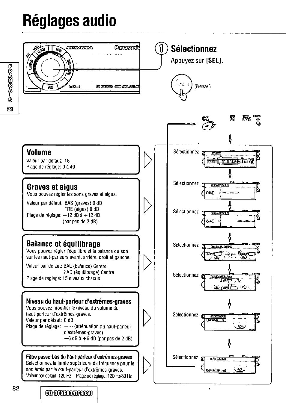Réglages audio, T) sélectionnez, Graves et aigus | Balance et équilibrage, Filtre passe-bas du haut-parleur d’extrêmes-graves, N réglages audio | Panasonic Removable Full Front CD Player/Receiver with Dot Matrix and CD Changer Control CQ-DFX983U User Manual | Page 82 / 156