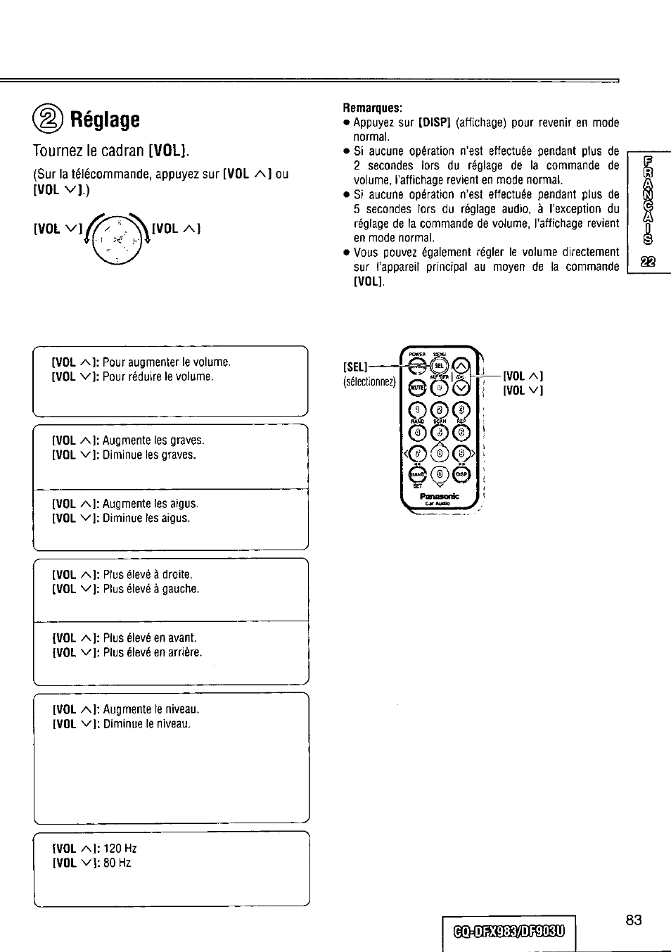 Réglage | Panasonic Removable Full Front CD Player/Receiver with Dot Matrix and CD Changer Control CQ-DFX983U User Manual | Page 83 / 156