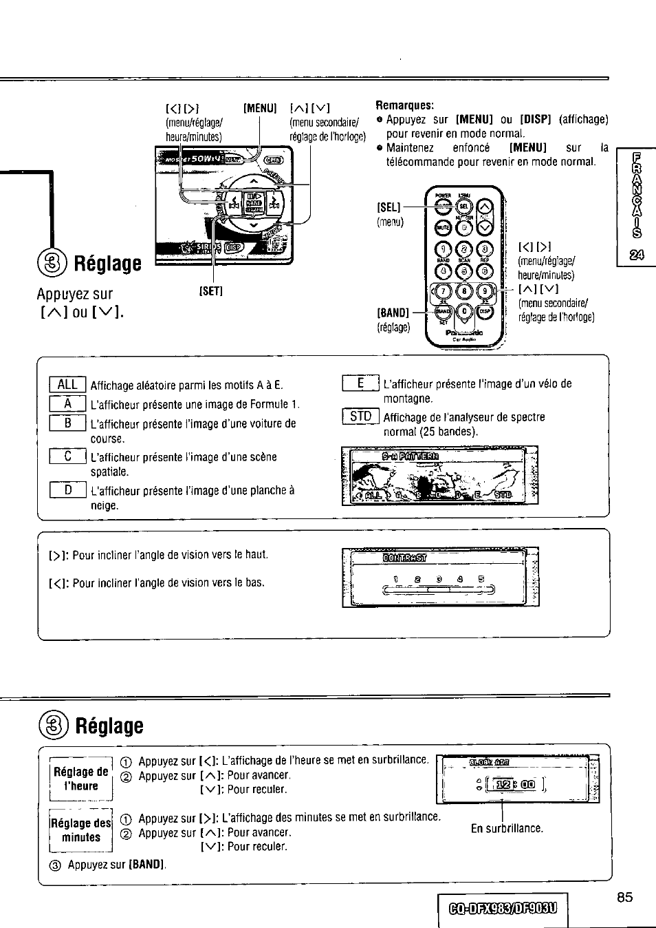 Réglage, Menu/réglage/ heure/minutes), Réglage) | Menu/réglage/ i heure/minutes), Menu secondaire/ réglage de l’horloge) | Panasonic Removable Full Front CD Player/Receiver with Dot Matrix and CD Changer Control CQ-DFX983U User Manual | Page 85 / 156