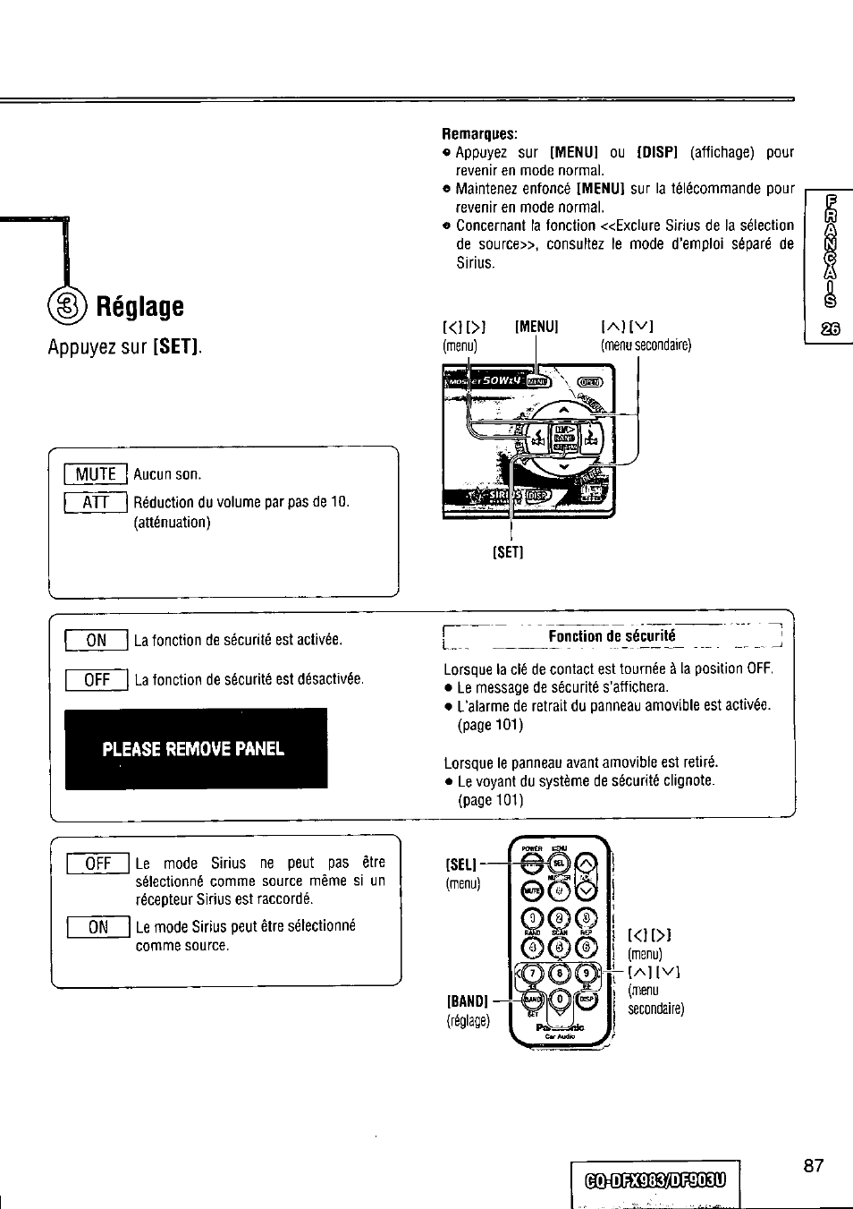 Réglage | Panasonic Removable Full Front CD Player/Receiver with Dot Matrix and CD Changer Control CQ-DFX983U User Manual | Page 87 / 156