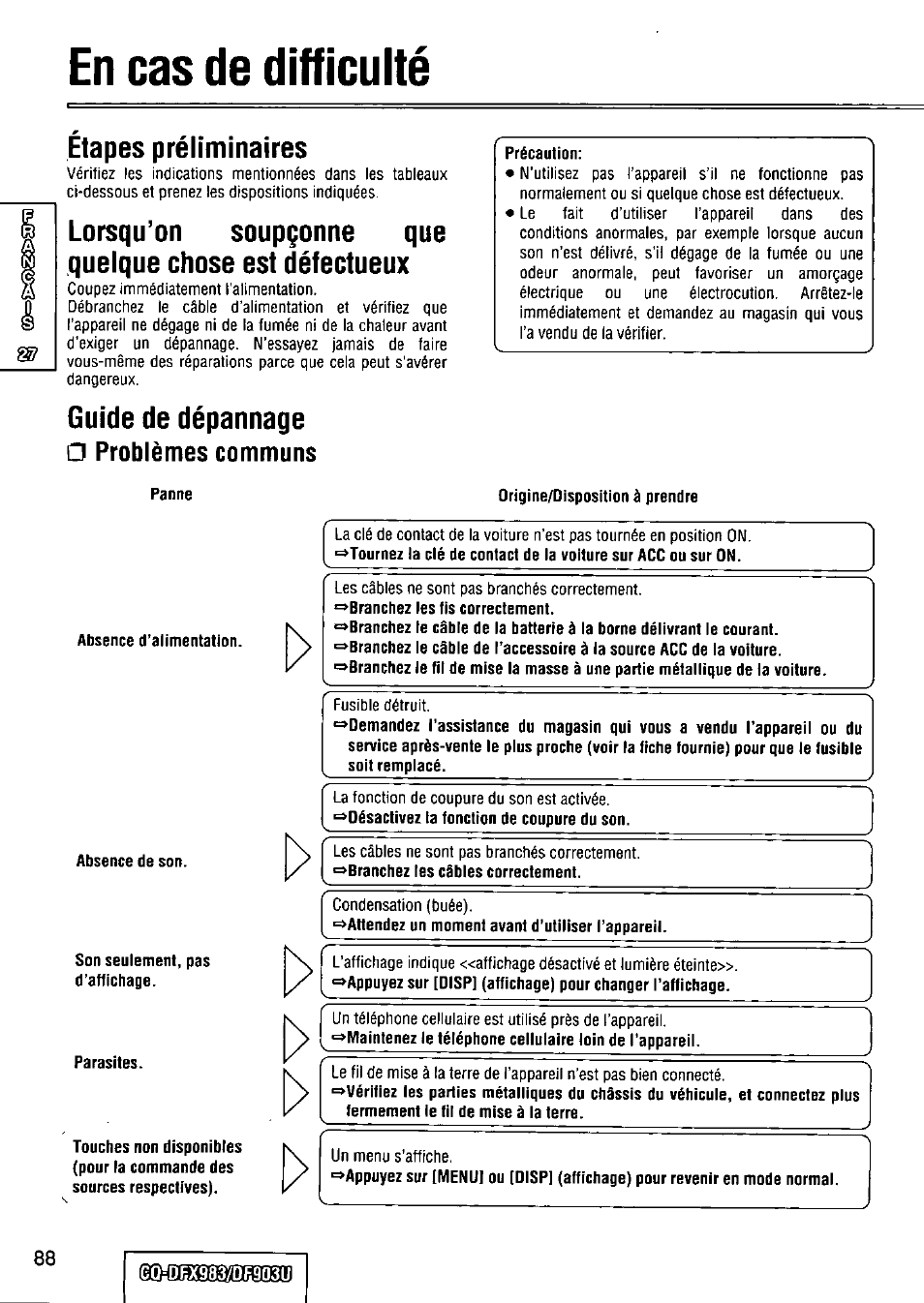 Etapes préliminaires, Guide de dépannage, Problèmes communs | En cas de difficulté | Panasonic Removable Full Front CD Player/Receiver with Dot Matrix and CD Changer Control CQ-DFX983U User Manual | Page 88 / 156