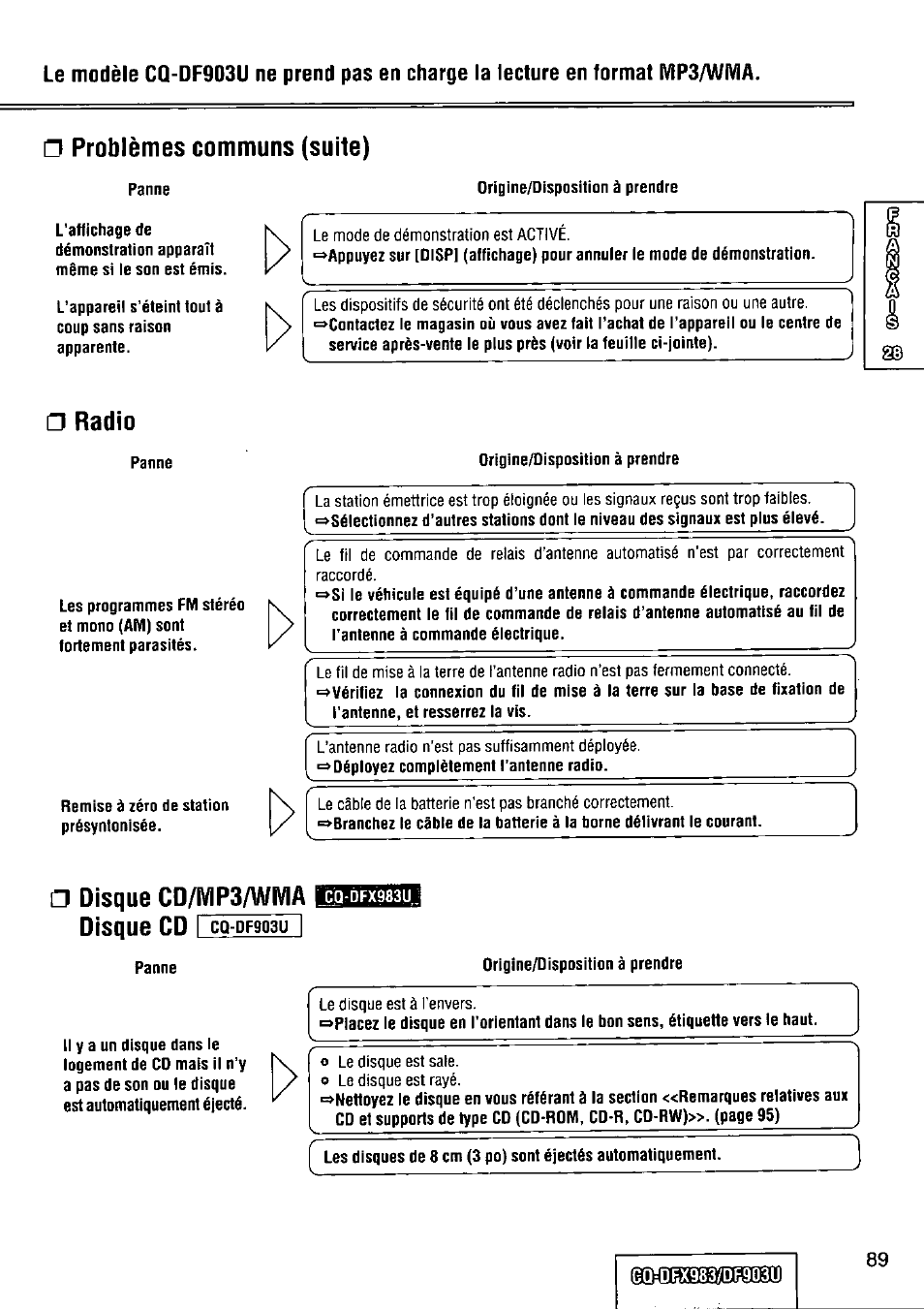 Problèmes communs (suite), Radio, Disque c0/mp3/wivia biliiiuüil'imm disque cd i | Panasonic Removable Full Front CD Player/Receiver with Dot Matrix and CD Changer Control CQ-DFX983U User Manual | Page 89 / 156