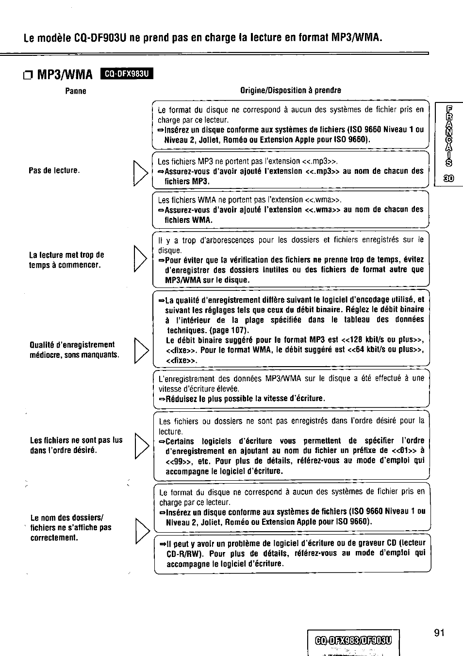 Mp3/wma | Panasonic Removable Full Front CD Player/Receiver with Dot Matrix and CD Changer Control CQ-DFX983U User Manual | Page 91 / 156