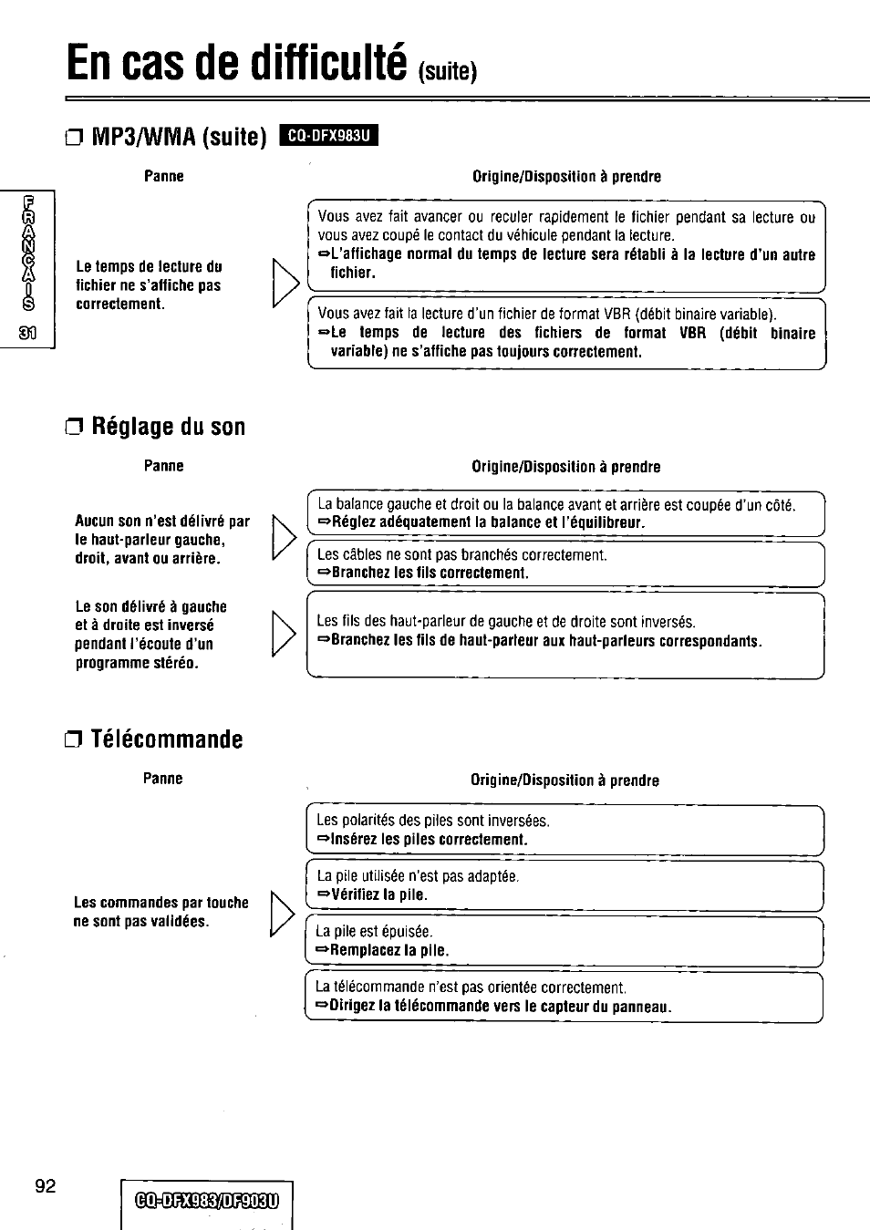 A mp3/wma (suite), Réglage du son, Télécommande | En cas de difficulté, Suite), Mp3/wma (suite) | Panasonic Removable Full Front CD Player/Receiver with Dot Matrix and CD Changer Control CQ-DFX983U User Manual | Page 92 / 156