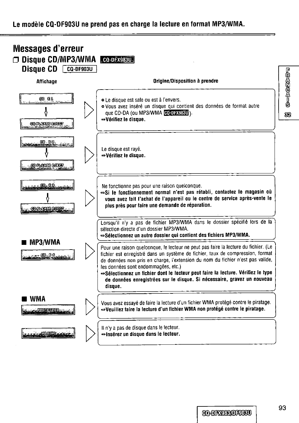 Messages d’erreur, Disque cd/ivip3/wivia ikiauaiciimij disque cd | Panasonic Removable Full Front CD Player/Receiver with Dot Matrix and CD Changer Control CQ-DFX983U User Manual | Page 93 / 156