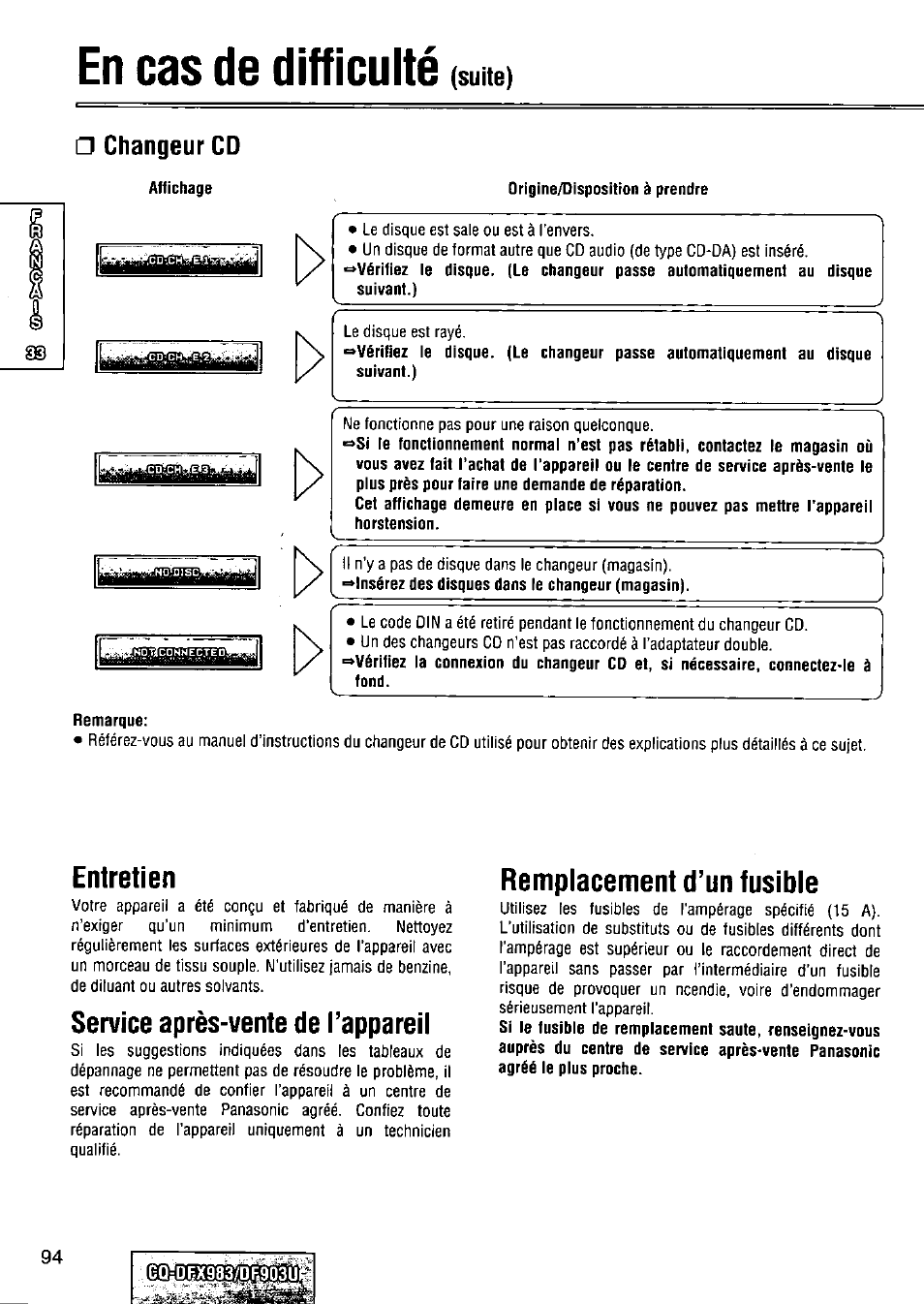 Changeur cd, Entretien, Service après-vente de l’appareil | Remplacement d’un fusible, En cas de difficulté, Iéimilliiibéé, Suite) | Panasonic Removable Full Front CD Player/Receiver with Dot Matrix and CD Changer Control CQ-DFX983U User Manual | Page 94 / 156