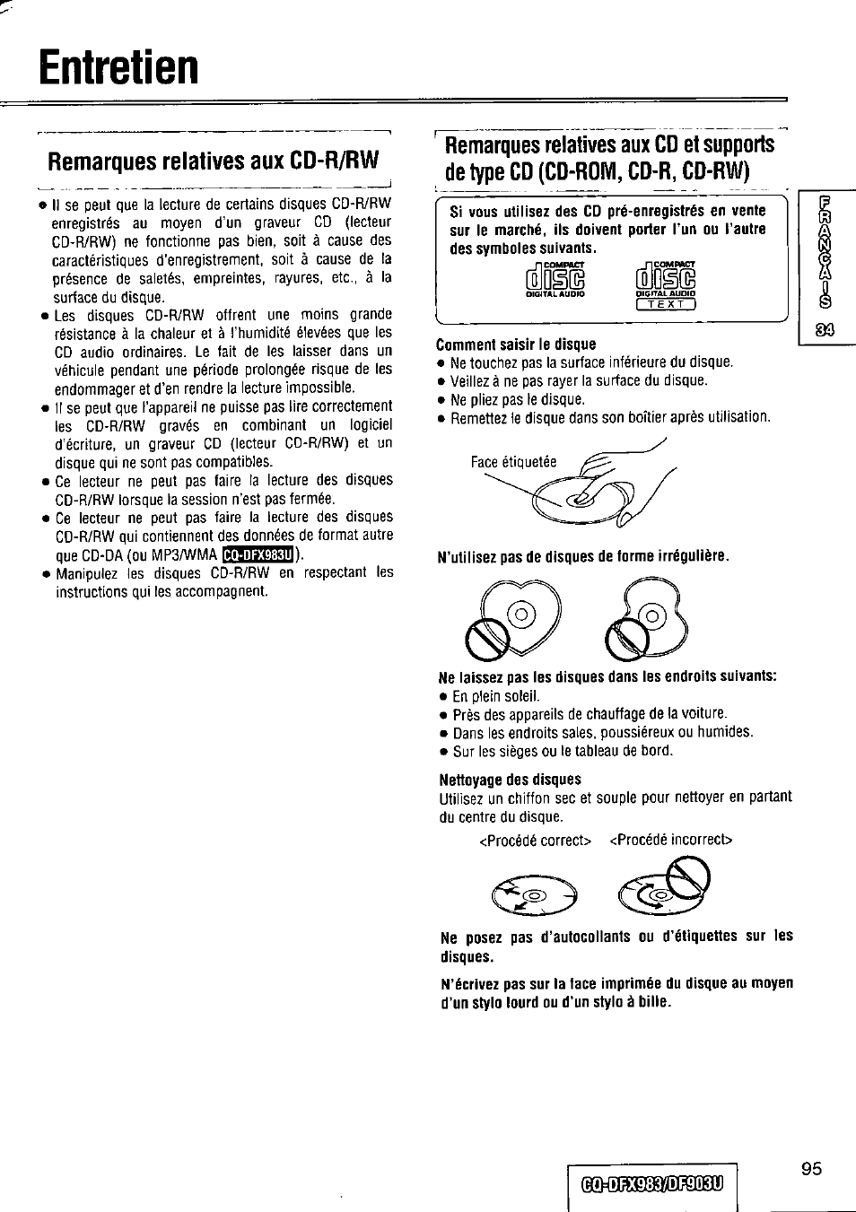 Entretien, Remarques relatives aux cd-r/rw, N entretien | Panasonic Removable Full Front CD Player/Receiver with Dot Matrix and CD Changer Control CQ-DFX983U User Manual | Page 95 / 156