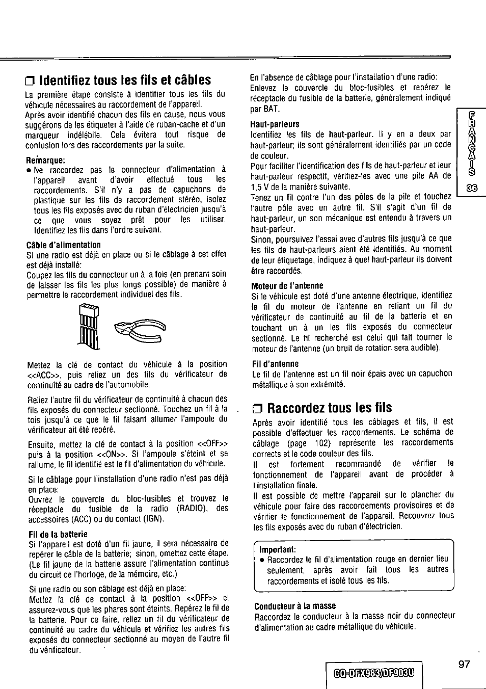 Identifiez tous les fils et câbles, G raccordez tous les fils | Panasonic Removable Full Front CD Player/Receiver with Dot Matrix and CD Changer Control CQ-DFX983U User Manual | Page 97 / 156