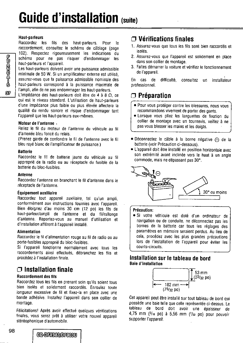 Haut-parleurs, Moteur de l’antenne, Batterie | Antenne, Alimentation, Installation finale, Vérifications finales, Préparation, Guide d’installation, Suite) | Panasonic Removable Full Front CD Player/Receiver with Dot Matrix and CD Changer Control CQ-DFX983U User Manual | Page 98 / 156