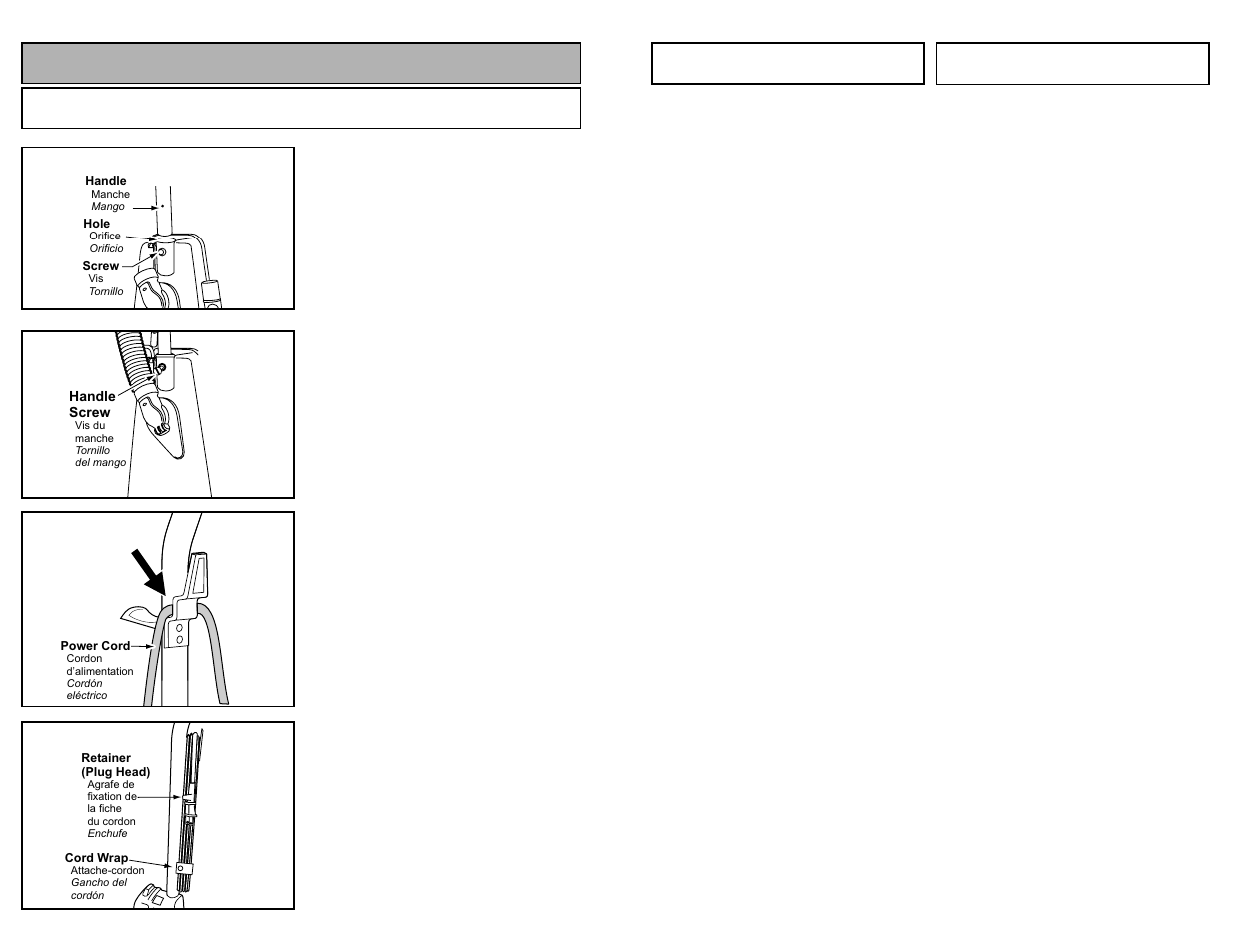 Remplacement des brosses, Cambiar los cepillos, Assembly | Attaching handle | Panasonic MC-V6603 User Manual | Page 35 / 48