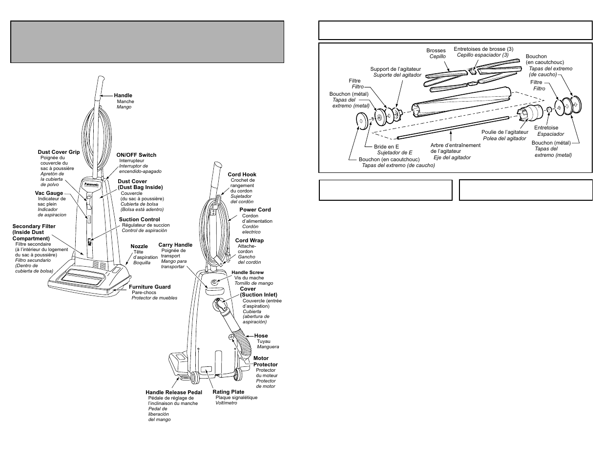 Assemblage de l'agitateur, Nettoyage du boitier et des accessoires, Montaje de agitador | Limpieza del exterior y de los herramientas, Parts identification, Nomenclature identificación de piezas | Panasonic MC-V6603 User Manual | Page 37 / 48