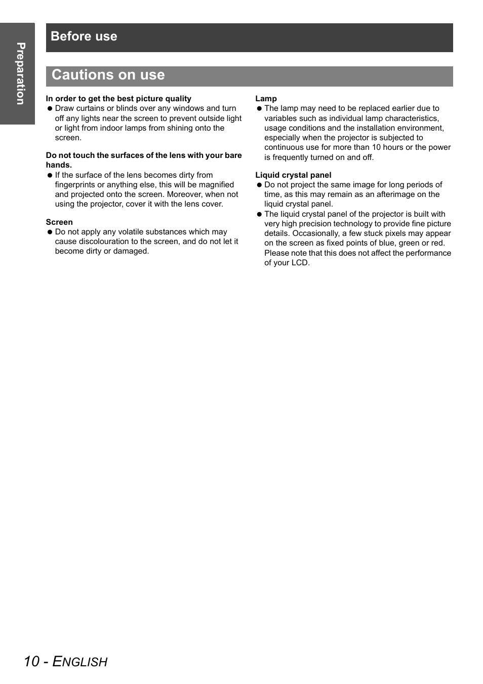 10 - e, Cautions on use, Before use | Nglish, Prep aratio n | Panasonic PT-AX100E User Manual | Page 10 / 52