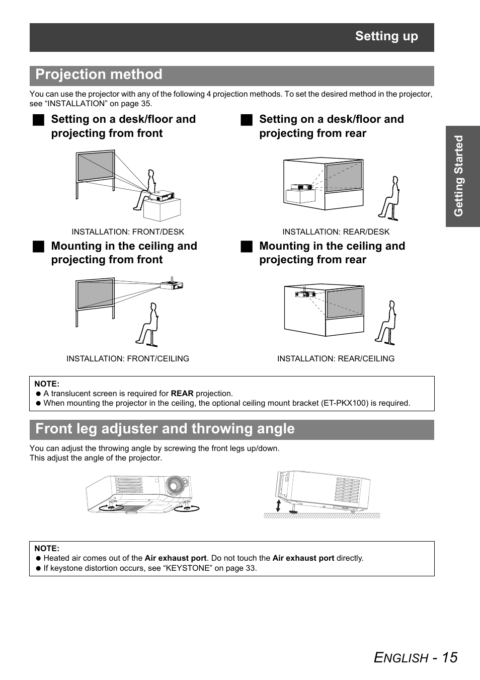 Projection method, Front leg adjuster and throwing angle, Setting up | Nglish | Panasonic PT-AX100E User Manual | Page 15 / 52