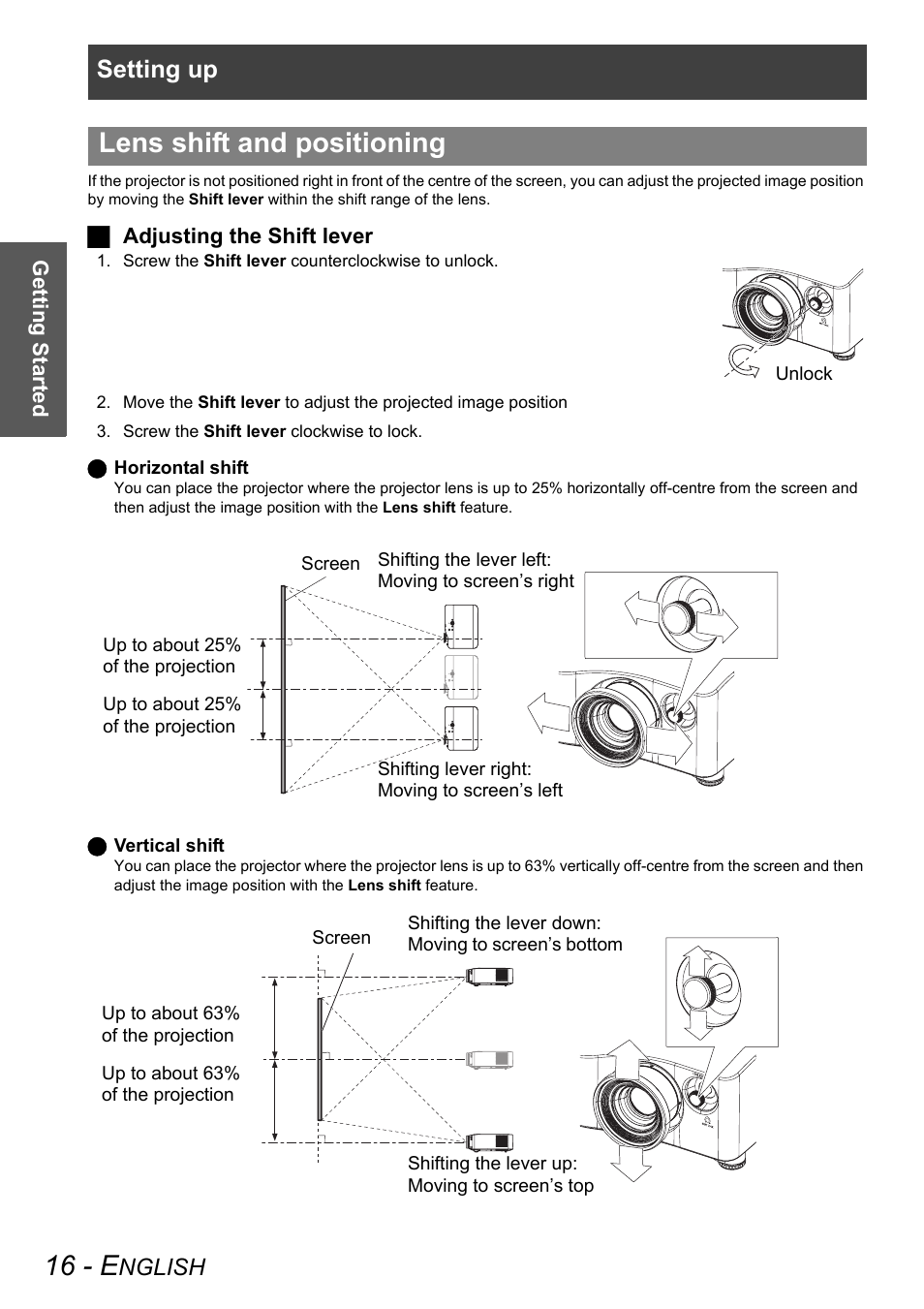 16 - e, Lens shift and positioning, Setting up | Nglish | Panasonic PT-AX100E User Manual | Page 16 / 52