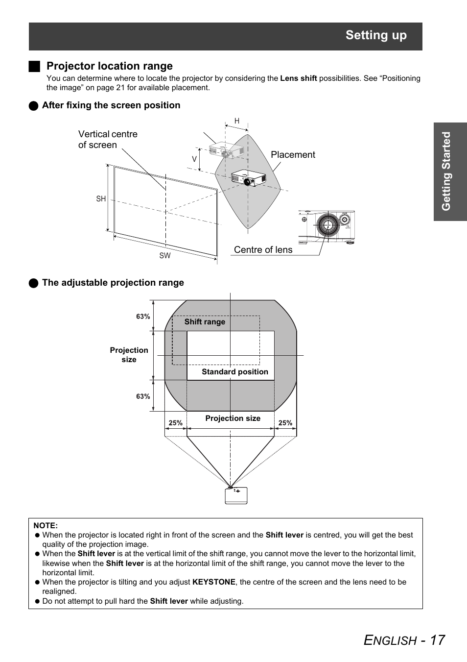 Setting up, Nglish, Getting started j projector location range | Panasonic PT-AX100E User Manual | Page 17 / 52