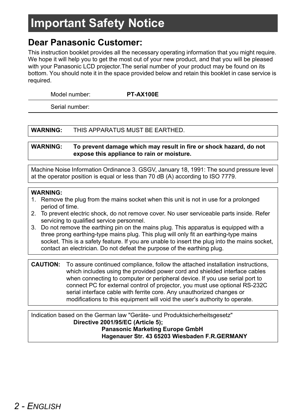 Important safety notice, 2 - e, Dear panasonic customer | Panasonic PT-AX100E User Manual | Page 2 / 52