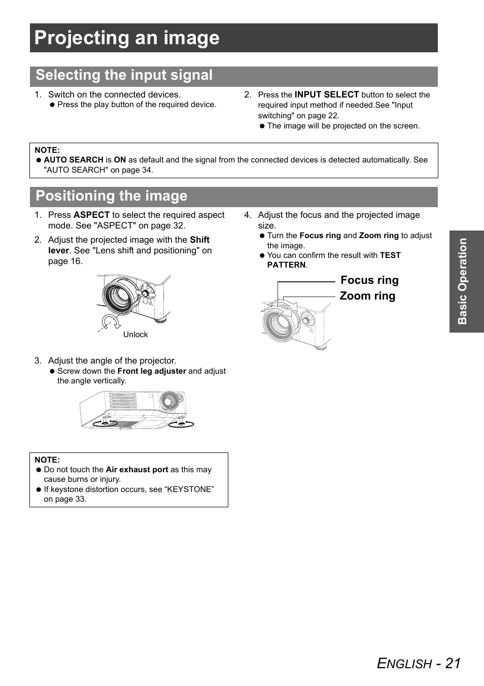 Projecting an image, Selecting the input signal, Positioning the image | Nglish, Basic operation, Zoom ring focus ring | Panasonic PT-AX100E User Manual | Page 21 / 52