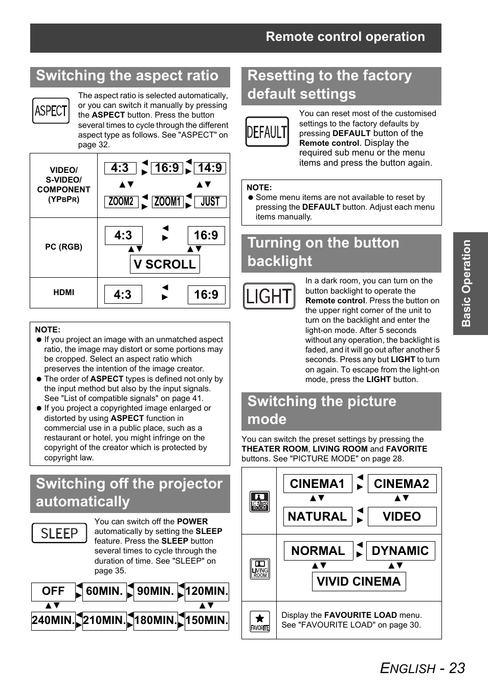 Switching the aspect ratio, Switching off the projector automatically, Resetting to the factory default settings | Remote control operation, Nglish, Zoom1 just, 3 16:9 v scroll, Cinema1 cinema2 video natural, Dynamic normal vivid cinema | Panasonic PT-AX100E User Manual | Page 23 / 52
