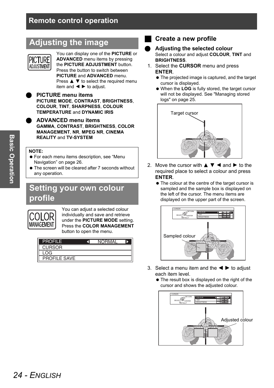 24 - e, Adjusting the image, Setting your own colour profile | Remote control operation, Nglish, Basic operation, Jcreate a new profile, Qpicture menu items, Qadvanced menu items, Qadjusting the selected colour | Panasonic PT-AX100E User Manual | Page 24 / 52