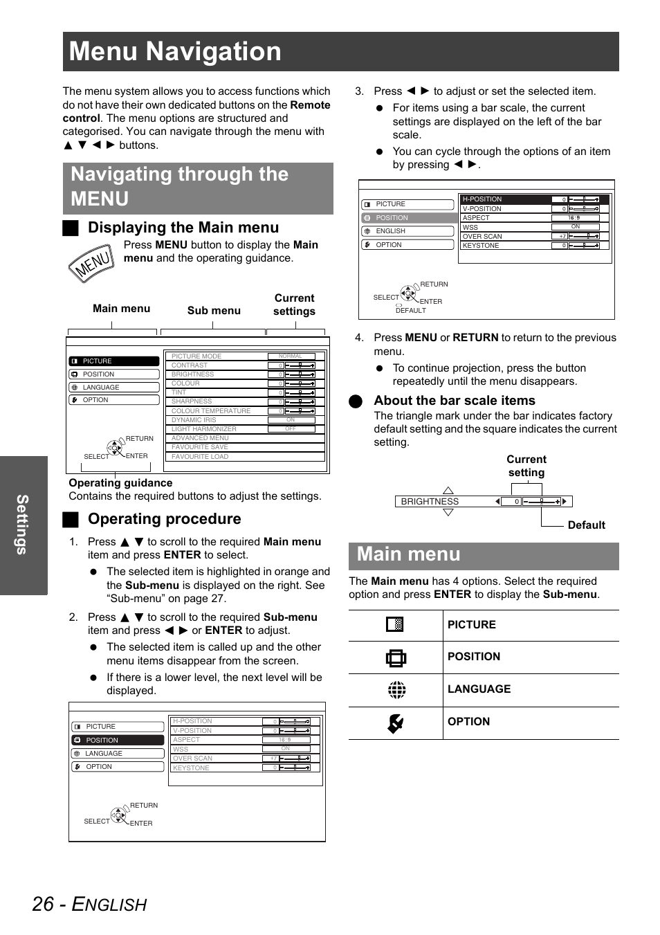 Menu navigation, 26 - e, Navigating through the menu | Main menu, Nglish, Settings, Jdisplaying the main menu, Joperating procedure, Qabout the bar scale items | Panasonic PT-AX100E User Manual | Page 26 / 52