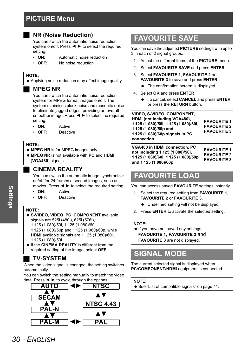 30 - e, Favourite save, Favourite load | Signal mode, Picture menu, Nglish, Auto secam ntsc 4.43 ntsc pal-n pal pal-m, Settings j nr (noise reduction), Jmpeg nr, Jcinema reality | Panasonic PT-AX100E User Manual | Page 30 / 52