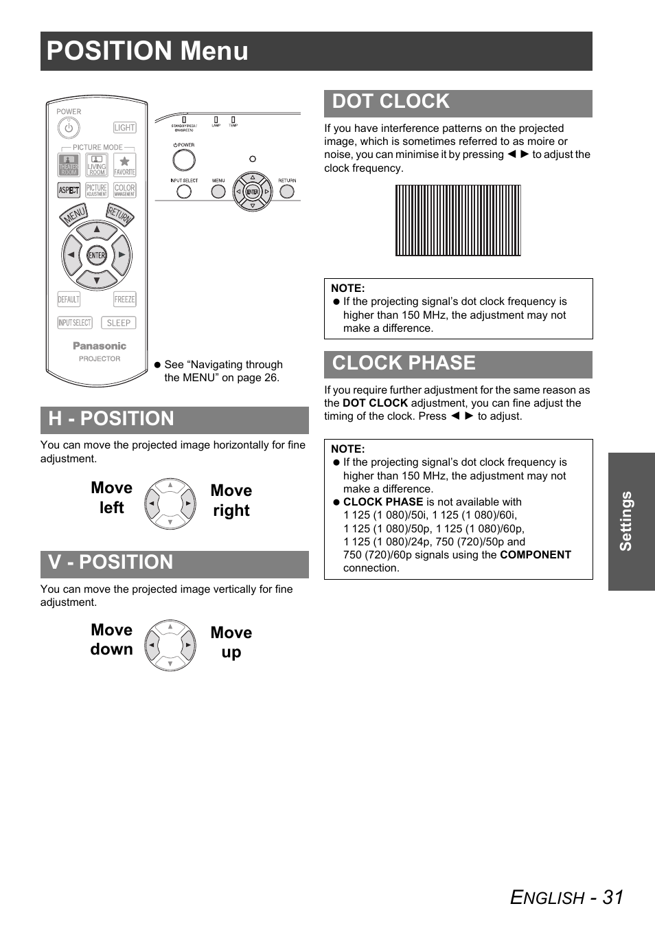 Position menu, H - position v - position, Dot clock | Clock phase | Panasonic PT-AX100E User Manual | Page 31 / 52