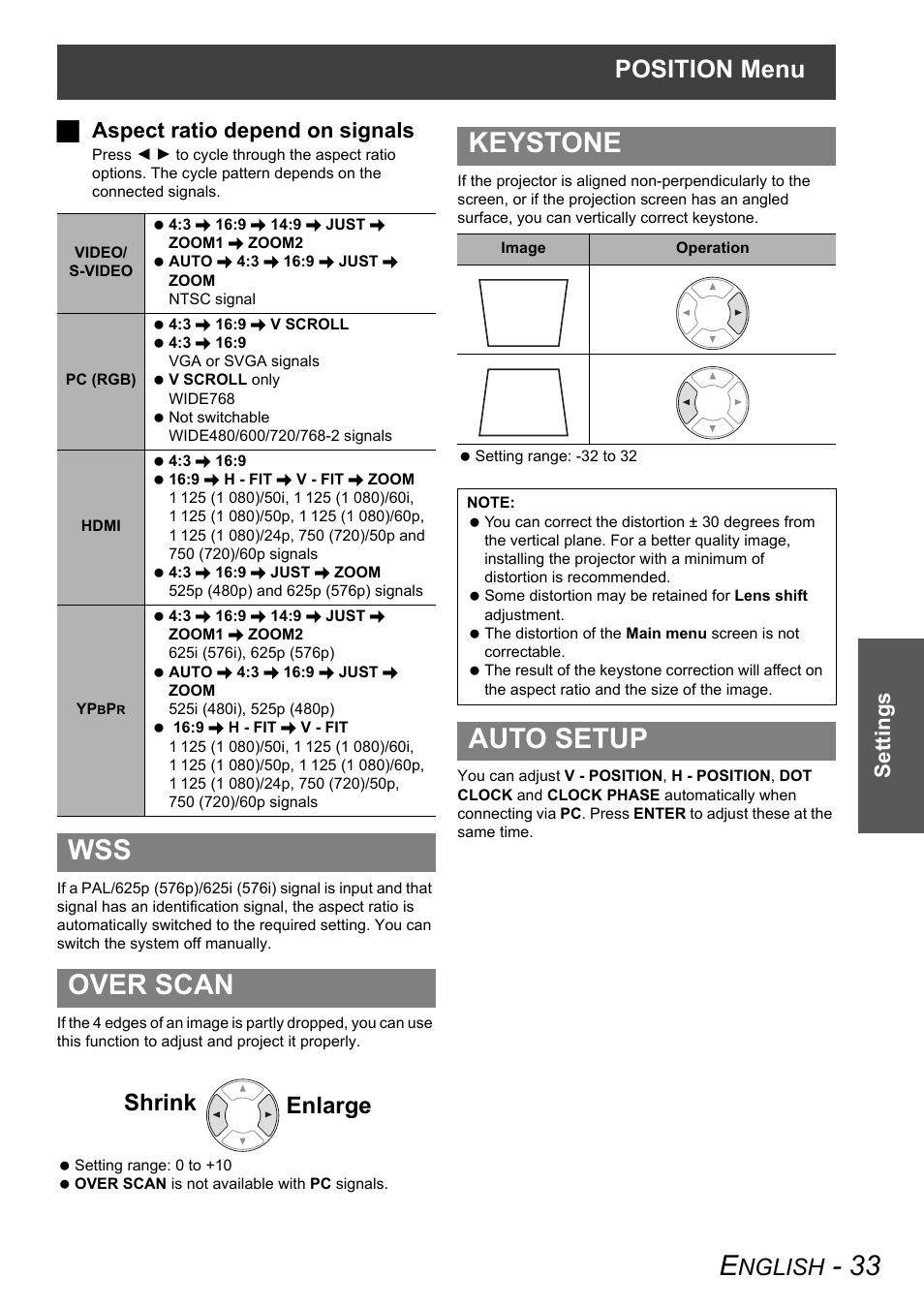 Wss over scan, Keystone, Auto setup | Position menu, Nglish, Enlarge shrink, Settings j aspect ratio depend on signals | Panasonic PT-AX100E User Manual | Page 33 / 52