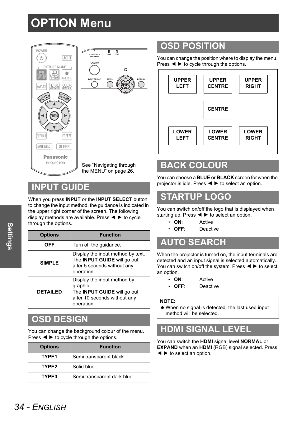 Option menu, 34 - e, Input guide | Osd design, Osd position back colour startup logo auto search, Hdmi signal level, Nglish, Settings | Panasonic PT-AX100E User Manual | Page 34 / 52