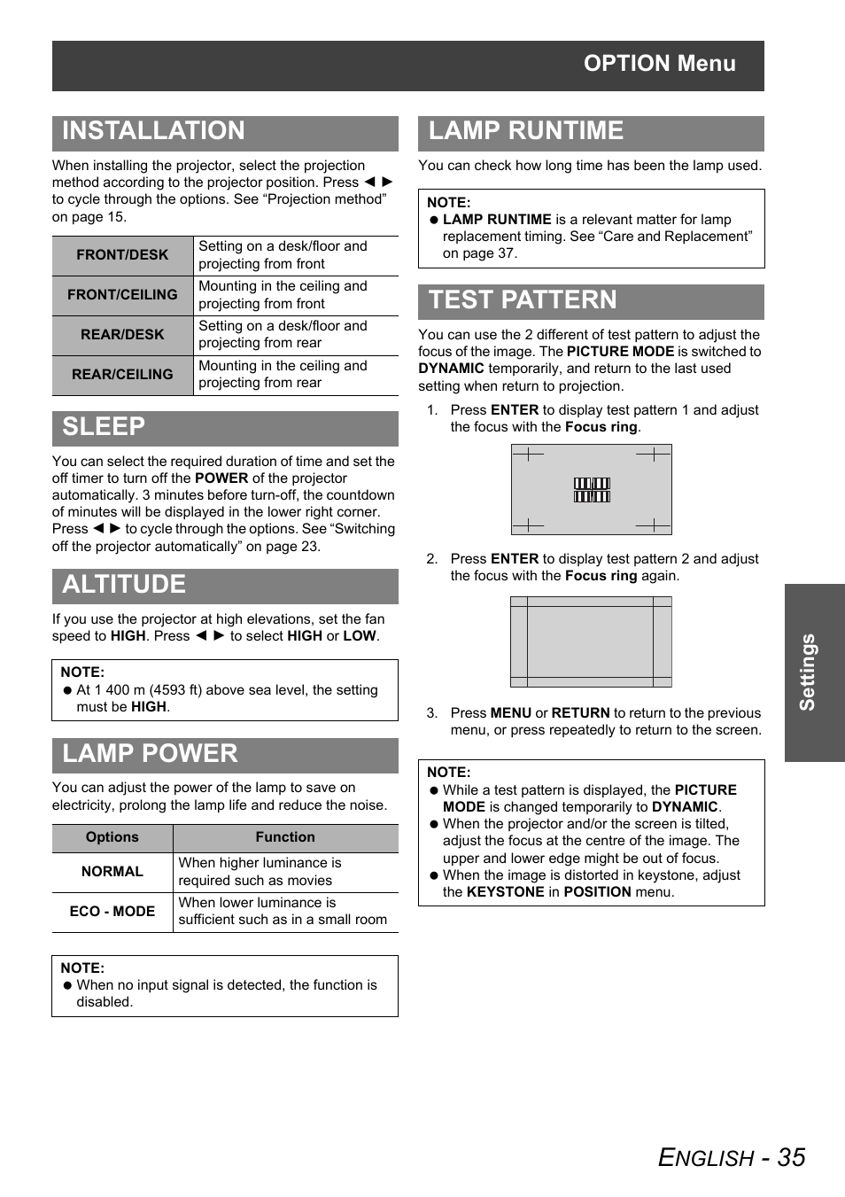 Installation, Sleep altitude, Lamp power | Lamp runtime, Test pattern, Option menu, Nglish, Settings | Panasonic PT-AX100E User Manual | Page 35 / 52