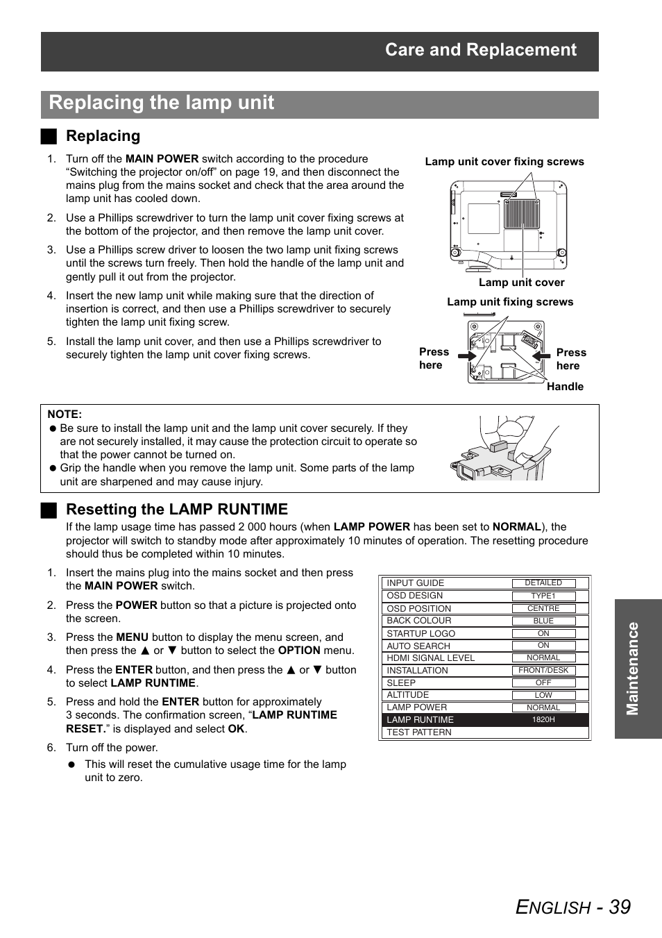 Replacing the lamp unit, Care and replacement, Nglish | Maintenance j replacing, Jresetting the lamp runtime | Panasonic PT-AX100E User Manual | Page 39 / 52