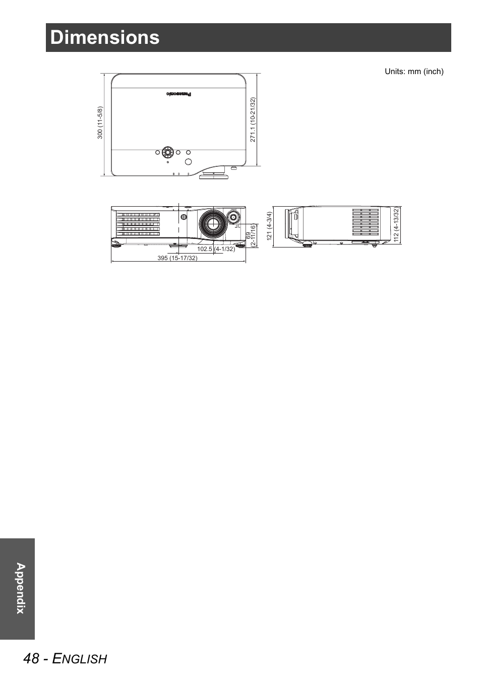 Dimensions, 48 - e, Nglish | Appe ndix | Panasonic PT-AX100E User Manual | Page 48 / 52