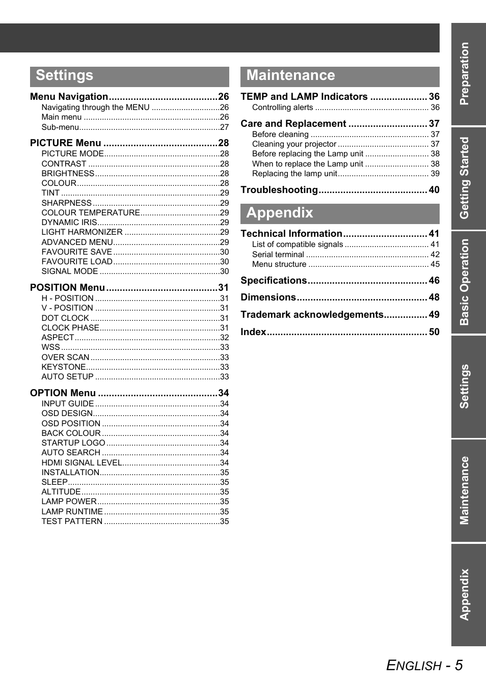 Settings maintenance appendix, Nglish | Panasonic PT-AX100E User Manual | Page 5 / 52