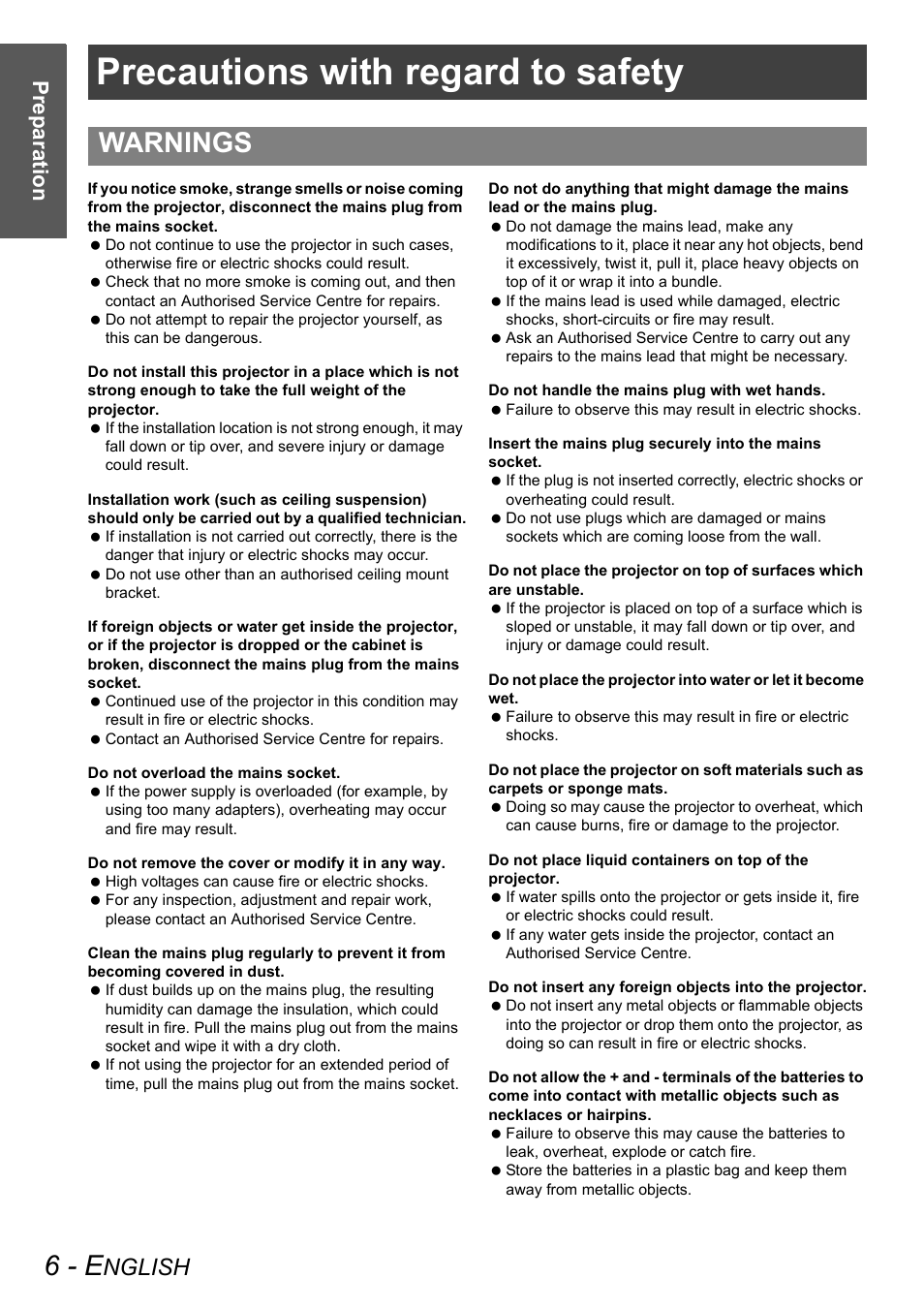 Precautions with regard to safety, 6 - e, Warnings | Nglish, Prep aratio n | Panasonic PT-AX100E User Manual | Page 6 / 52