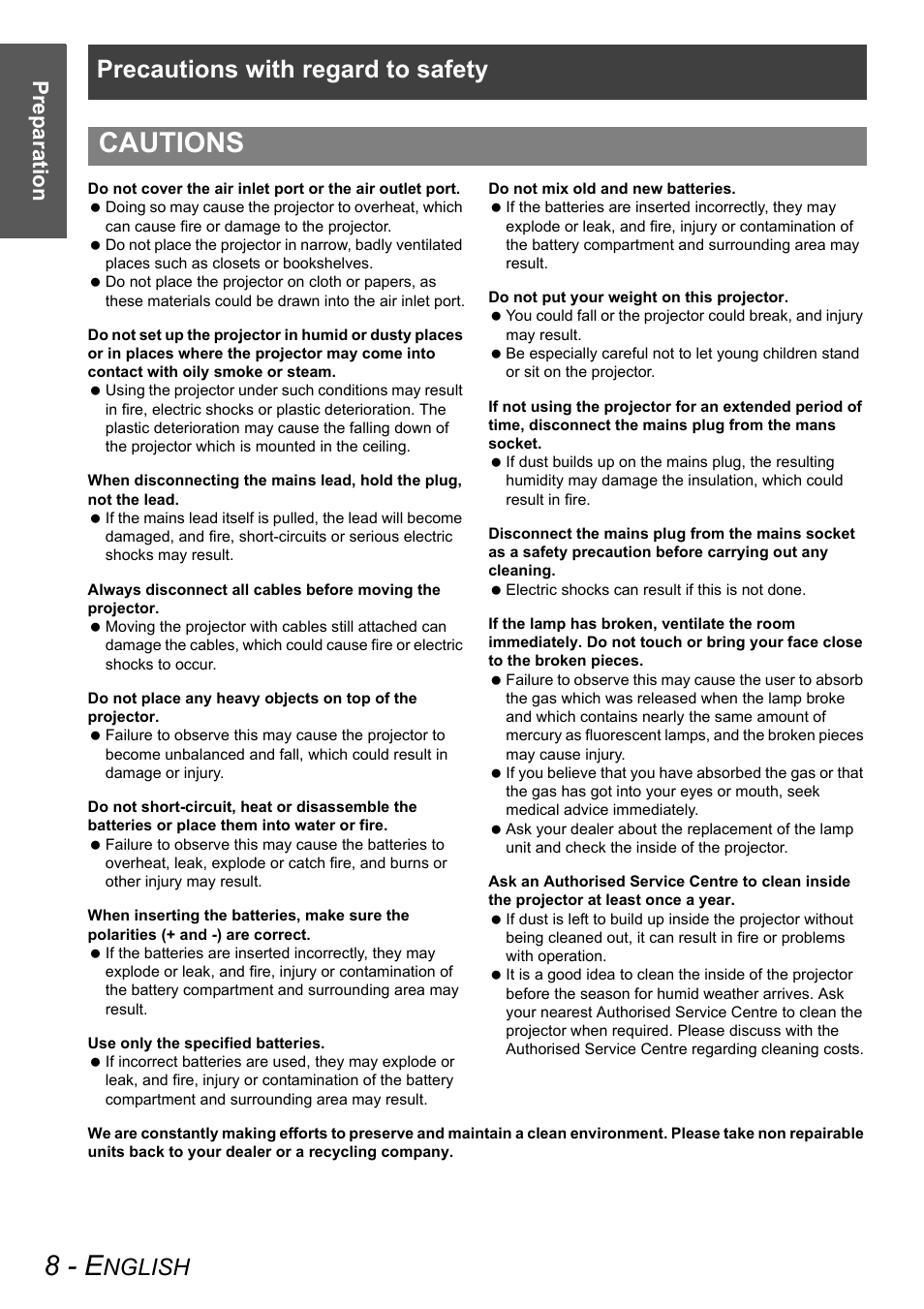 8 - e, Cautions, Precautions with regard to safety | Nglish, Prep aratio n | Panasonic PT-AX100E User Manual | Page 8 / 52