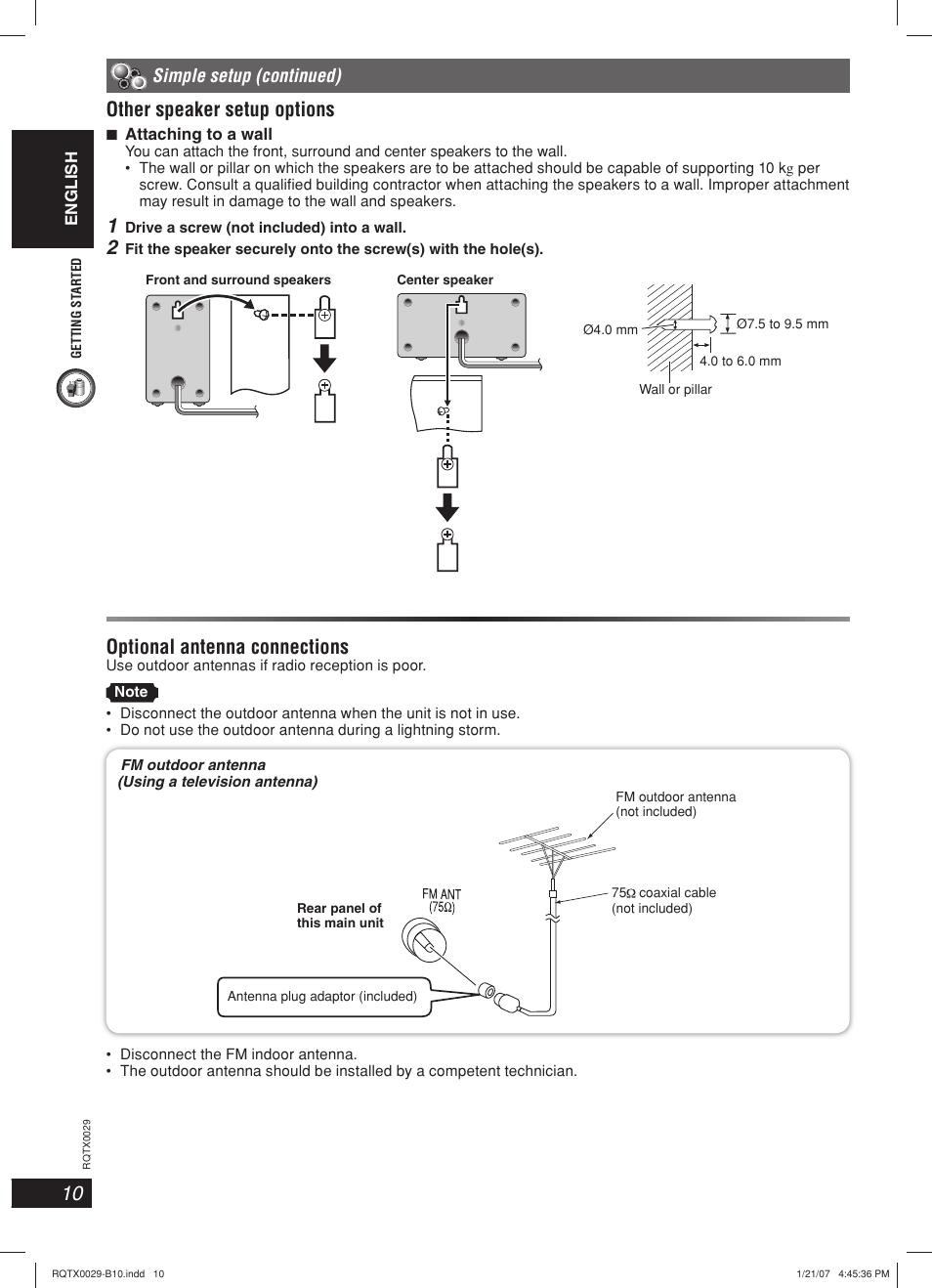 Other speaker setup options, Optional antenna connections | Panasonic sc-pt150 User Manual | Page 10 / 40