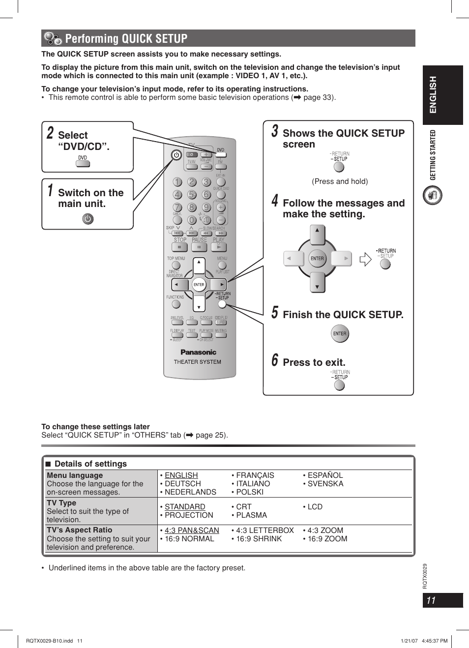 Performing quick setup | Panasonic sc-pt150 User Manual | Page 11 / 40