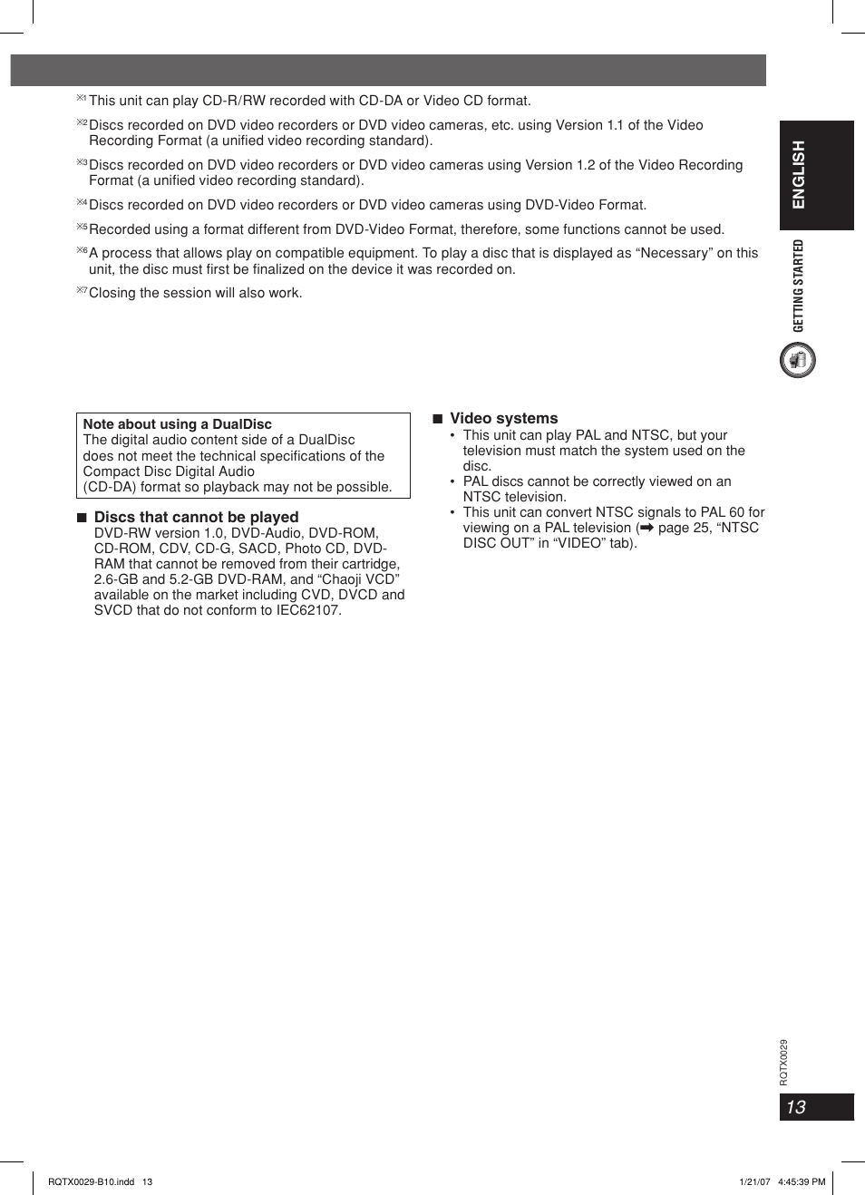 English, 7 discs that cannot be played, 7 video systems | Panasonic sc-pt150 User Manual | Page 13 / 40