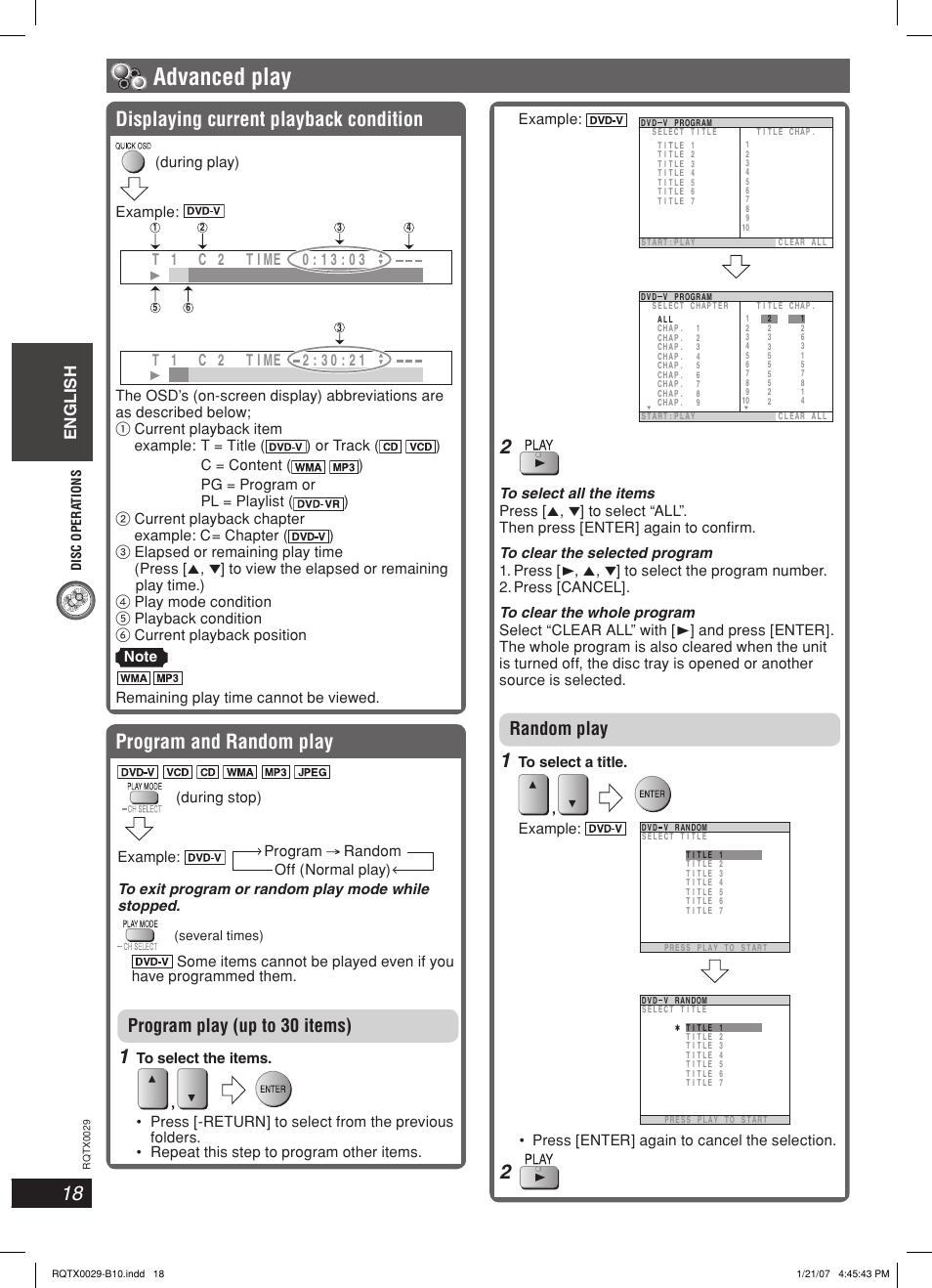 Advanced play, Program and random play, Displaying current playback condition | Program play (up to 30 items), Random play, English | Panasonic sc-pt150 User Manual | Page 18 / 40