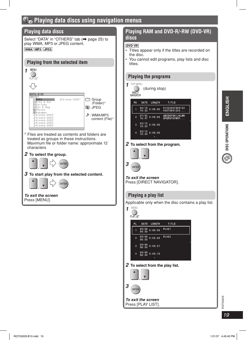 Playing data discs using navigation menus, Playing data discs, Playing ram and dvd-r/-rw (dvd-vr) discs | Playing from the selected item, Playing the programs, Playing a play list, English | Panasonic sc-pt150 User Manual | Page 19 / 40