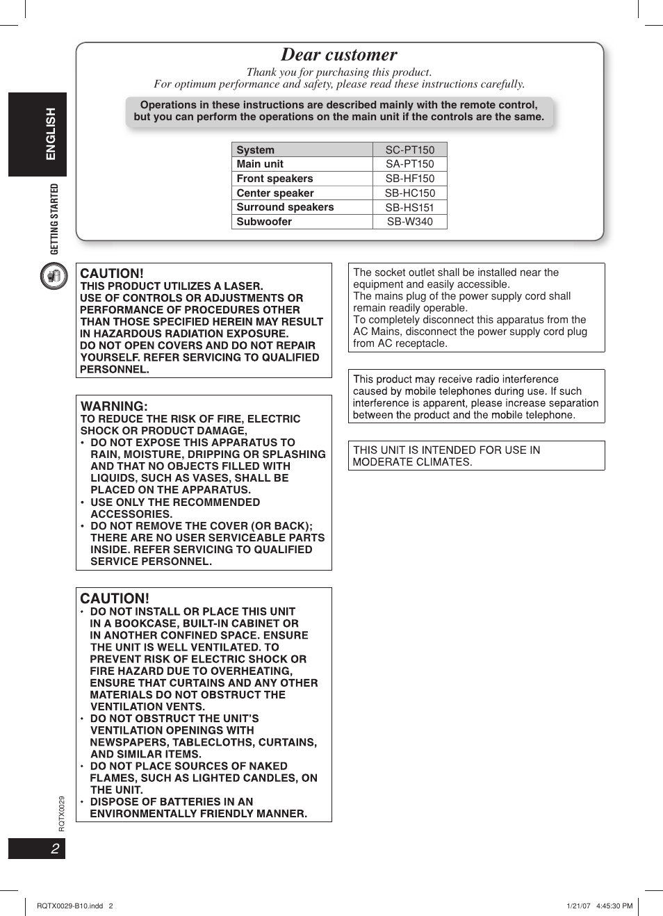 Dear customer | Panasonic sc-pt150 User Manual | Page 2 / 40