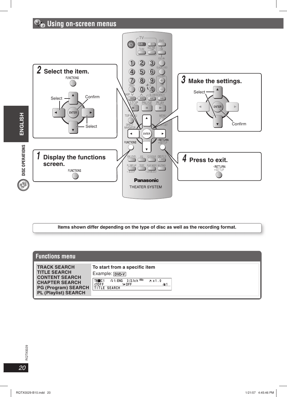 Using on-screen menus, Display the functions screen, Press to exit | Select the item, Make the settings, Functions menu | Panasonic sc-pt150 User Manual | Page 20 / 40