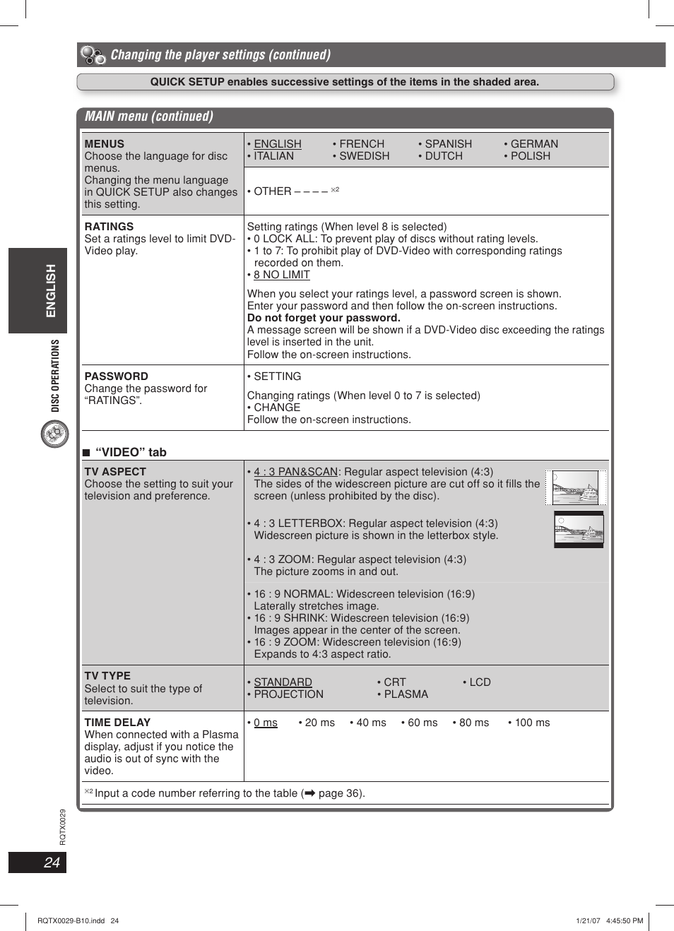 Main menu (continued), Changing the player settings (continued) | Panasonic sc-pt150 User Manual | Page 24 / 40