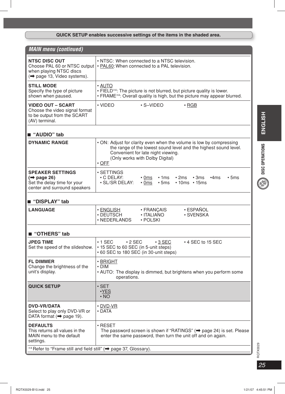 Main menu (continued) | Panasonic sc-pt150 User Manual | Page 25 / 40