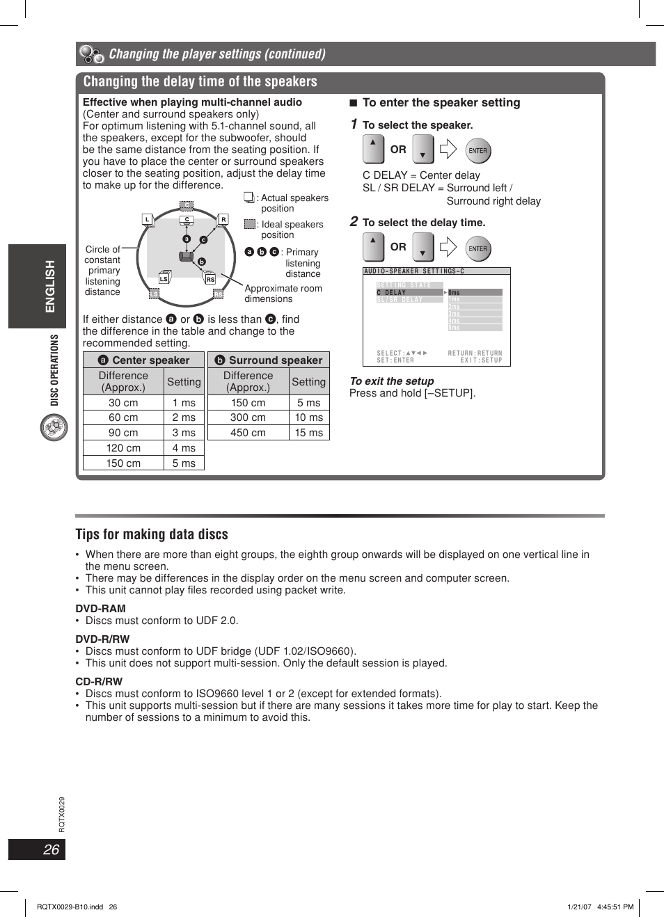 Changing the delay time of the speakers, Tips for making data discs, Changing the player settings (continued) | Panasonic sc-pt150 User Manual | Page 26 / 40