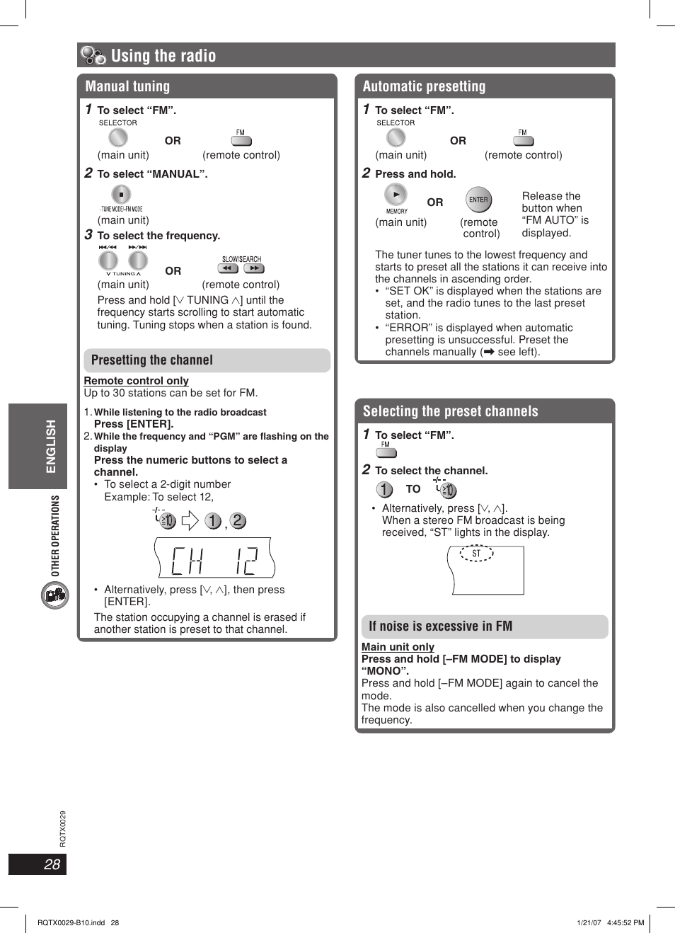 Using the radio, Automatic presetting 1, Manual tuning 1 | Selecting the preset channels 1 | Panasonic sc-pt150 User Manual | Page 28 / 40