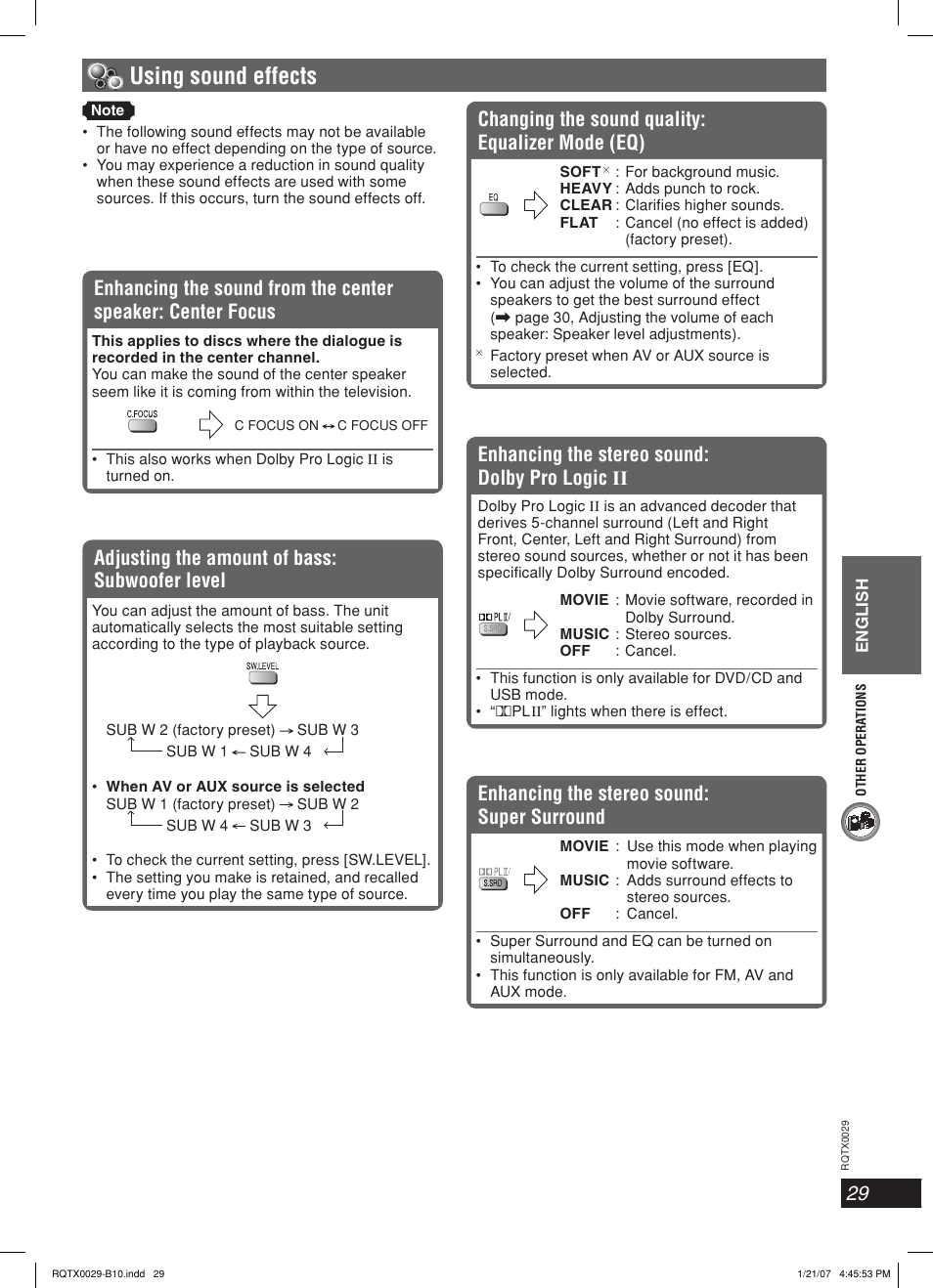 Using sound effects, Adjusting the amount of bass: subwoofer level, Enhancing the stereo sound: super surround | Changing the sound quality: equalizer mode (eq), Enhancing the stereo sound: dolby pro logic ii | Panasonic sc-pt150 User Manual | Page 29 / 40