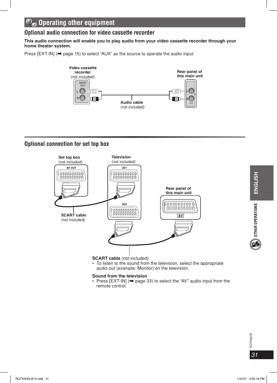 Operating other equipment, Optional connection for set top box | Panasonic sc-pt150 User Manual | Page 31 / 40